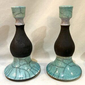 Pair of VTG 1990 Raindance Studio Raku Pottery Candle Holders Turquoise & Black